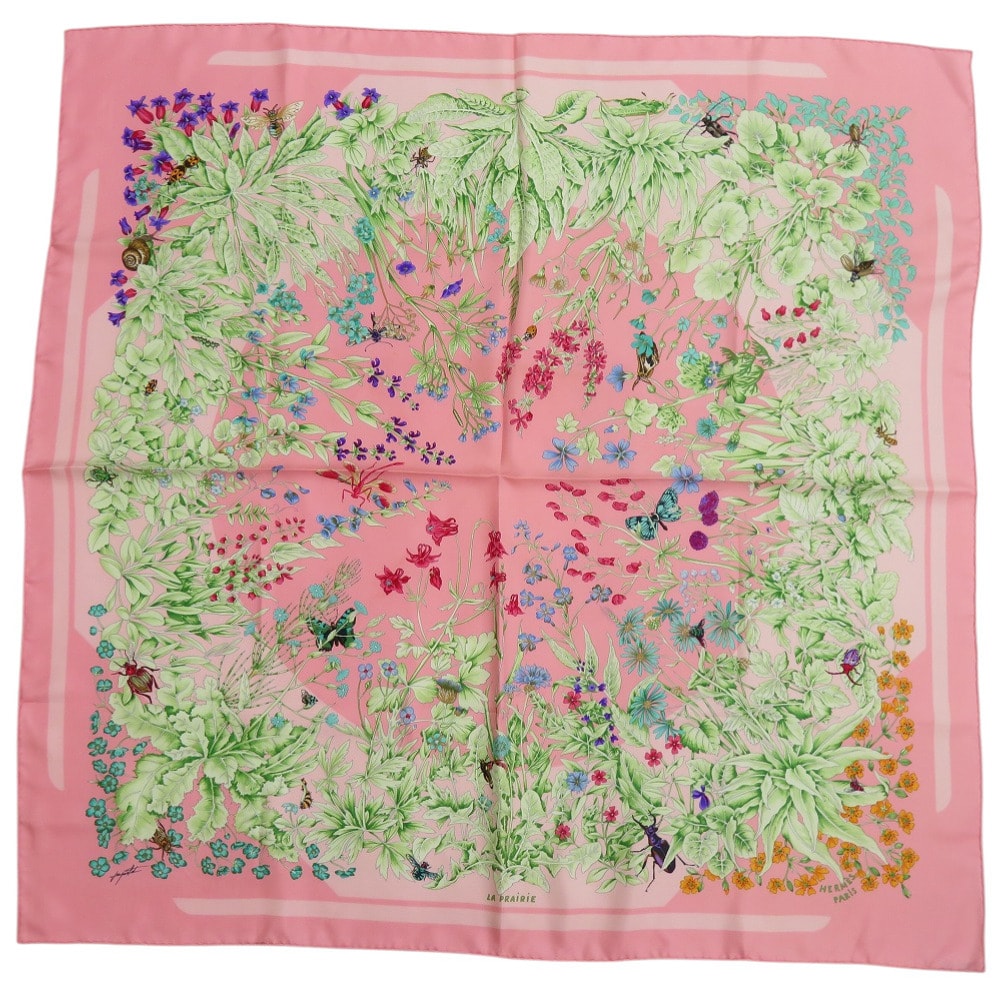 エルメス  カレ90 LA PRAIRE 草原   シルク  ピン