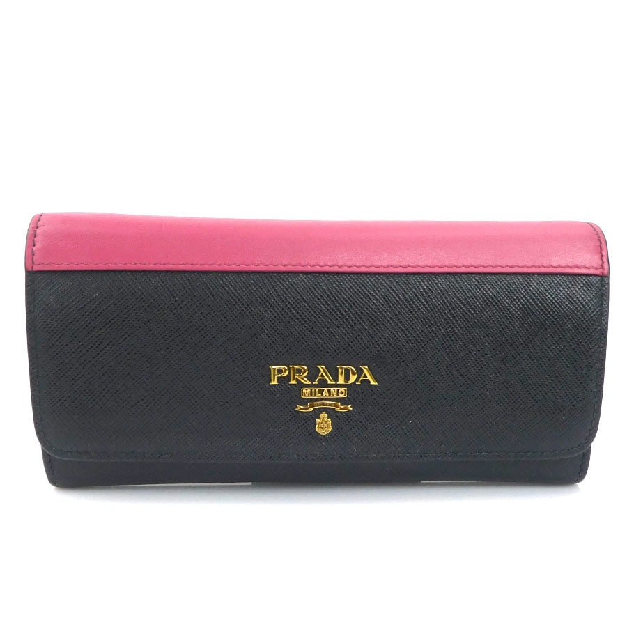 プラダ PRADA 長財布 レザー ブラック/ピンク ゴールド レディース【中古】 e61903k