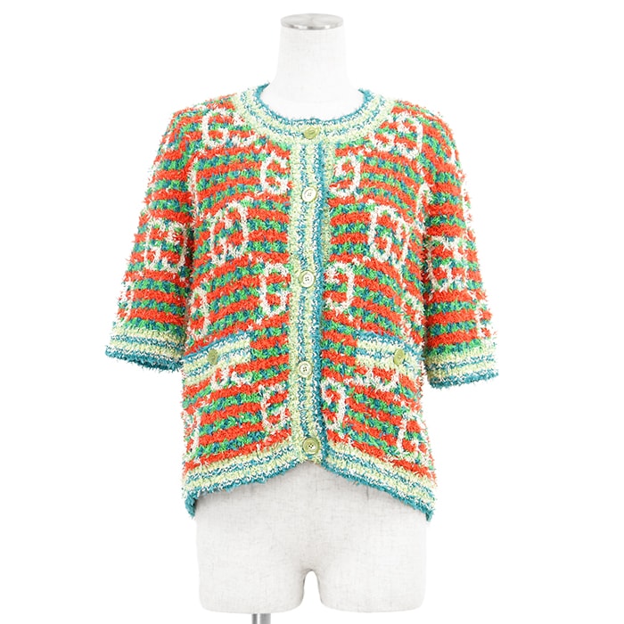 【新品同様】GUCCI グッチ カーディガン サイズ L レディース マキシGG ボーダー ジャガード ロゴボタン ショートスリーブ 半袖 アウター マルチカラー 総柄 イタリア製 691588