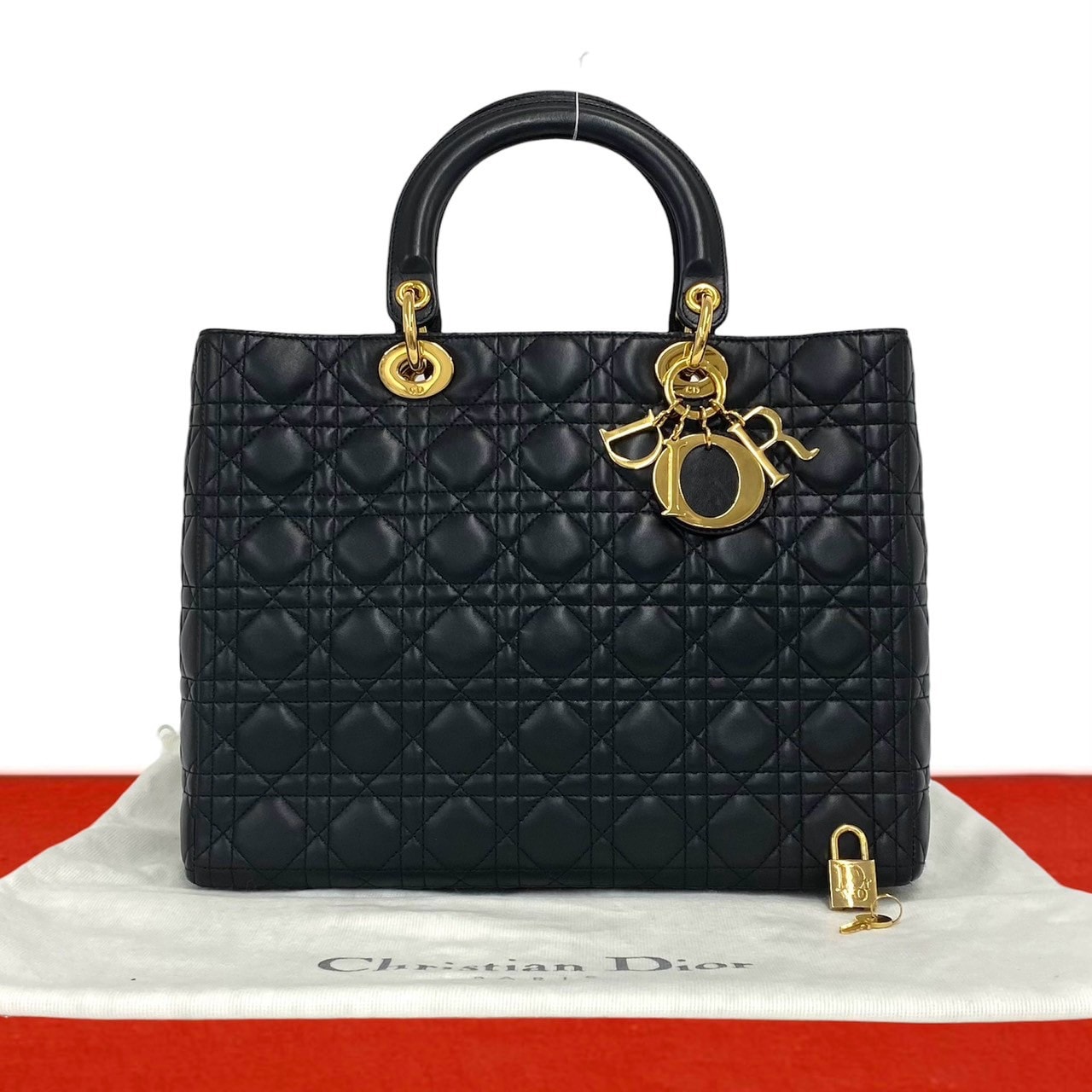 Christian Dior ディオール レディディオール カナージュ ステッチ レザー ハンドバッグ ブラック
 c96-1