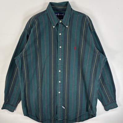 古着 90's/90年代 ラルフローレン RALPH LAUREN 長袖シャツ ワンポイント ロゴ 刺繍 ボタンダウンシャツ ストライプ M グリーン系 マルチカラー メンズ
