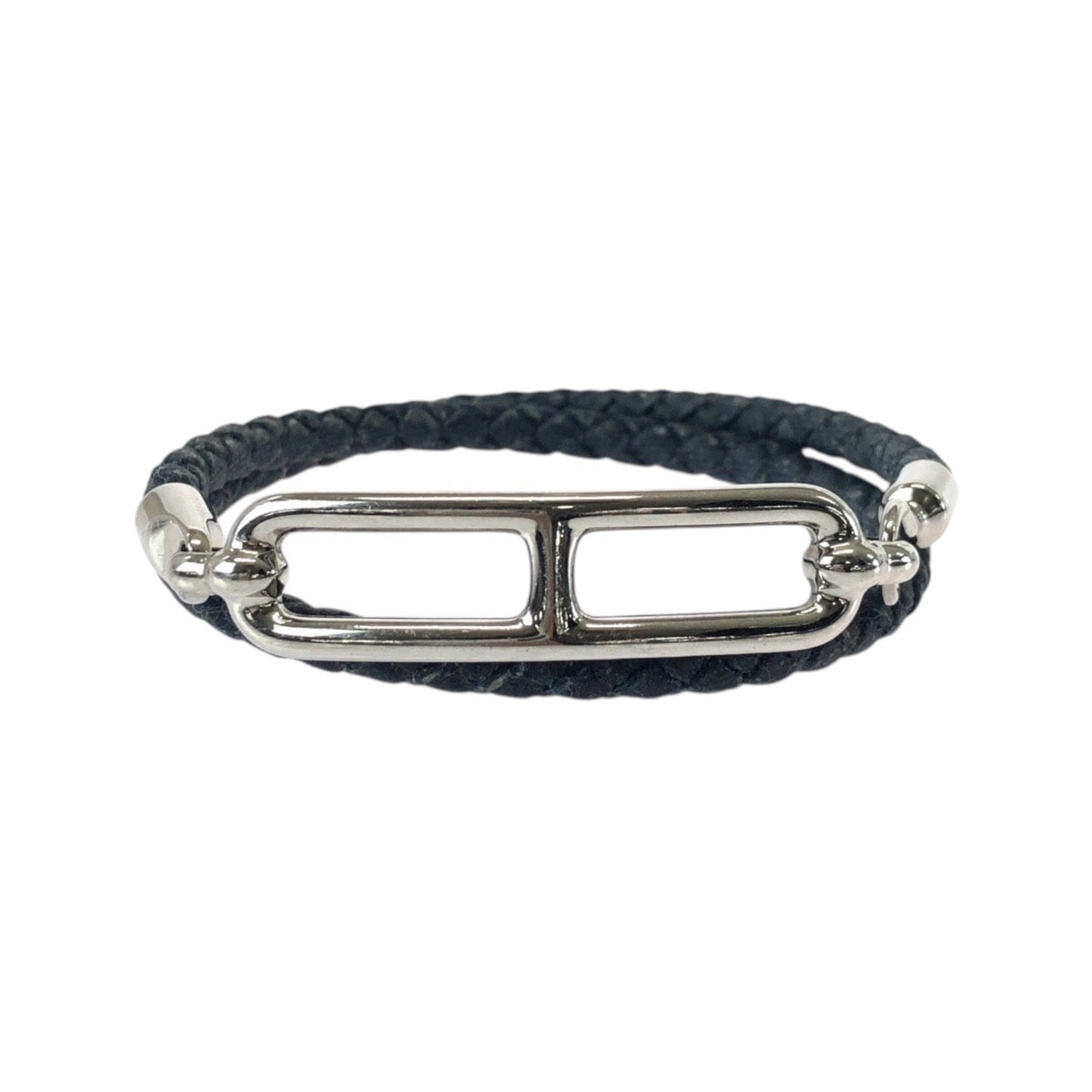 美品 HERMES エルメス ルリ ブラック 黒 シルバー レザー メタル/ ブレスレット 506204 【中古】