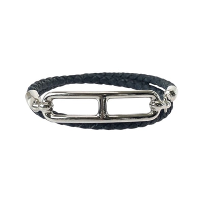 美品 HERMES エルメス ルリ ブラック 黒 シルバー レザー メタル/ ブレスレット 506204 【中古】