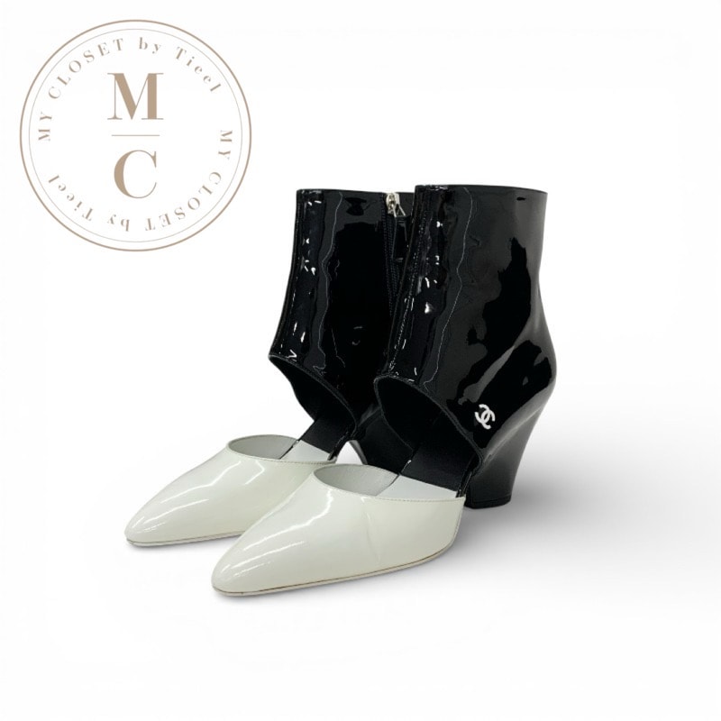 シャネル CHANEL ブーツ ショートブーツ 靴 シューズ パテント ブラック ホワイト ココマーク ロゴ パンプス