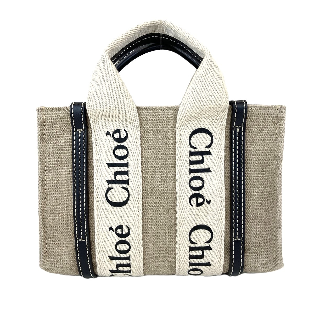 Chloe クロエ Woody ウッディ ミニ トートバッグ ショルダーバッグ CHC22AP237 麻・リネン キャンバス ベージュ ブルー  レディース【中古】