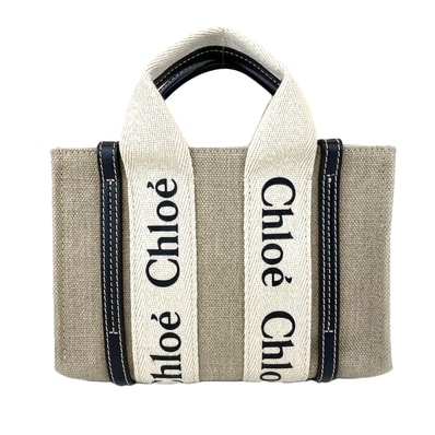 Chloe クロエ Woody ウッディ ミニ トートバッグ ショルダーバッグ CHC22AP237 麻・リネン キャンバス ベージュ ブルー レディース【中古】