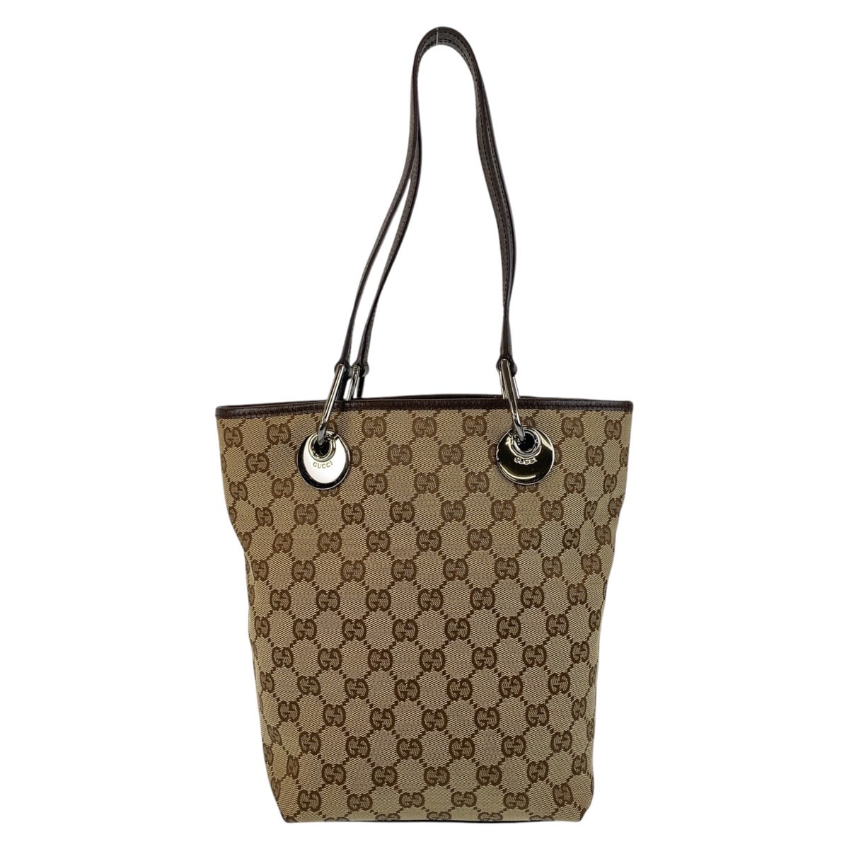 美品 GUCCI グッチ ベージュ ブラウン シルバー金具 GGキャンバス レザー/ トートバッグ ショルダーバッグ 506673 【中古】