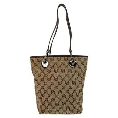 美品 GUCCI グッチ ベージュ ブラウン シルバー金具 GGキャンバス レザー/ トートバッグ ショルダーバッグ 506673 【中古】