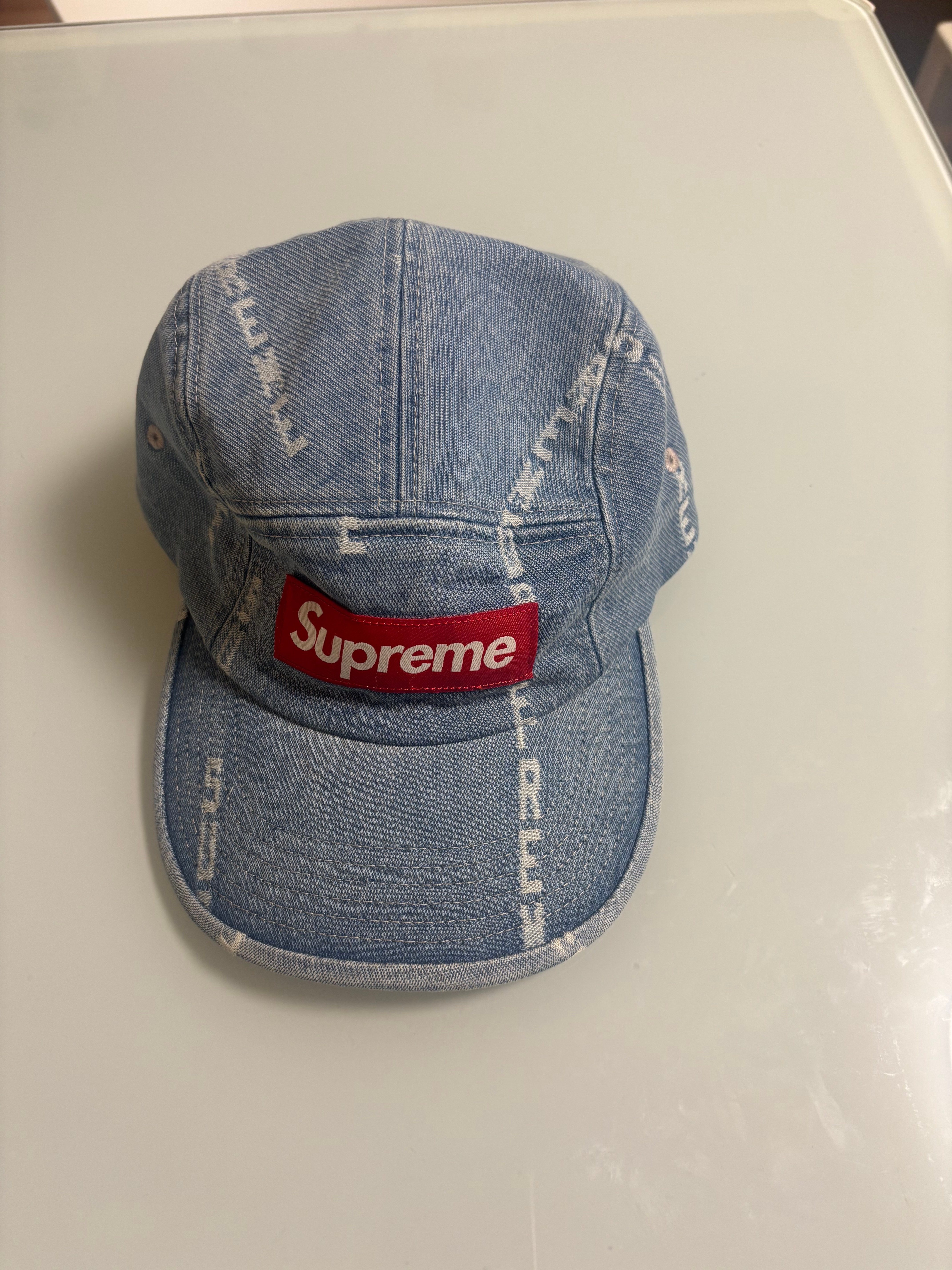Supreme Logo Stripe Jacquard Denim Camp Cap "Blue"