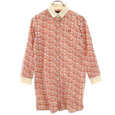 FRED PERRY フレッドペリー 花柄 長袖 シャツワンピース S ピンク系 ロールアップ