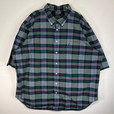 古着 ノーティカ NAUTICA 半袖シャツ チェック ロゴ 刺繍 大きいサイズ 3XL グリーン系 マルチカラー メンズ