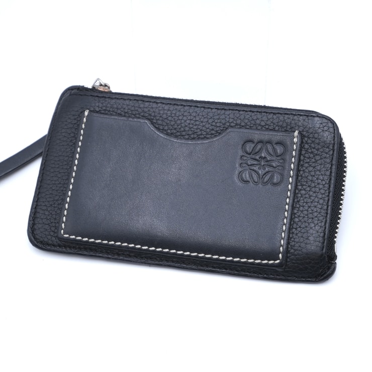 LOEWE(ロエベ)コインカードホルダー フラグメントケース カードケース コインケース ブラック レザー シルバー金具 アナグラム メンズ レディース【中古】