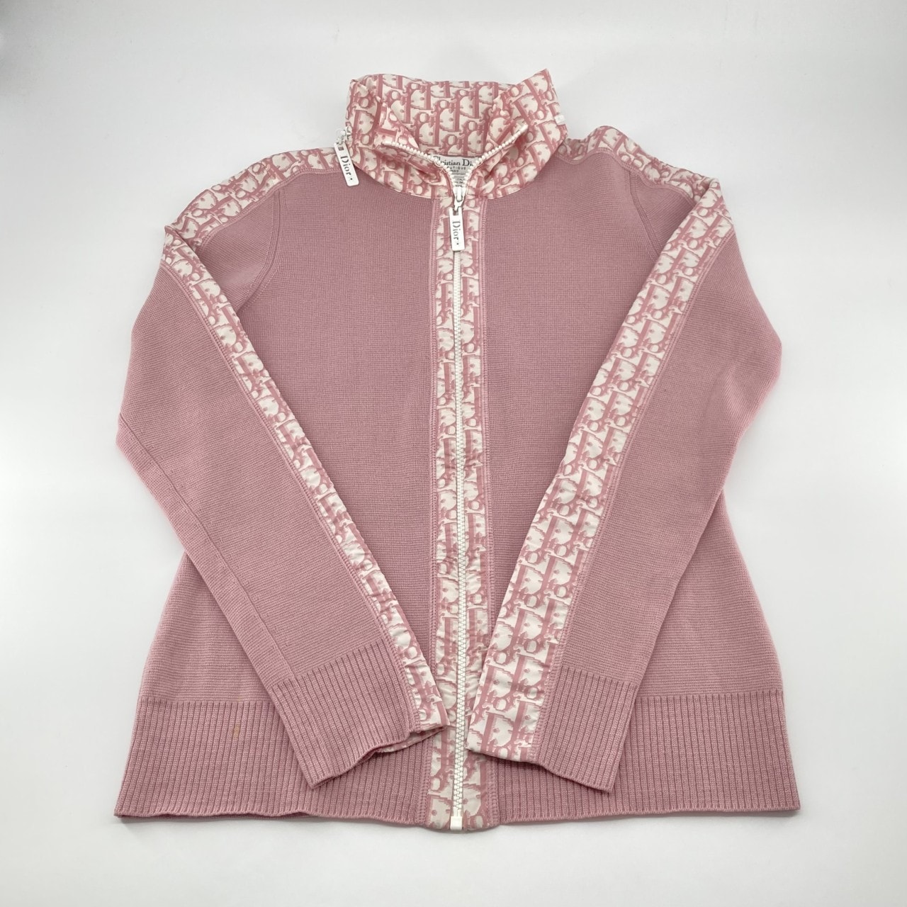 Christian Dior(クリスチャンディオール) トロッター柄 ジップアップ フーディ ヴィンテージ FR 40 ウール  / ポリエステル 4H13077300 カーディガン ピンク×ホワイト