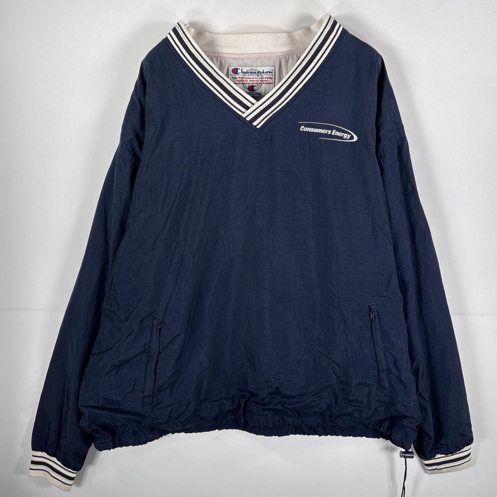 古着 チャンピオン Champion ナイロンプルオーバー Vネック 刺繍ロゴ 袖リブ付き ドローコード 14041  ネイビー メンズ