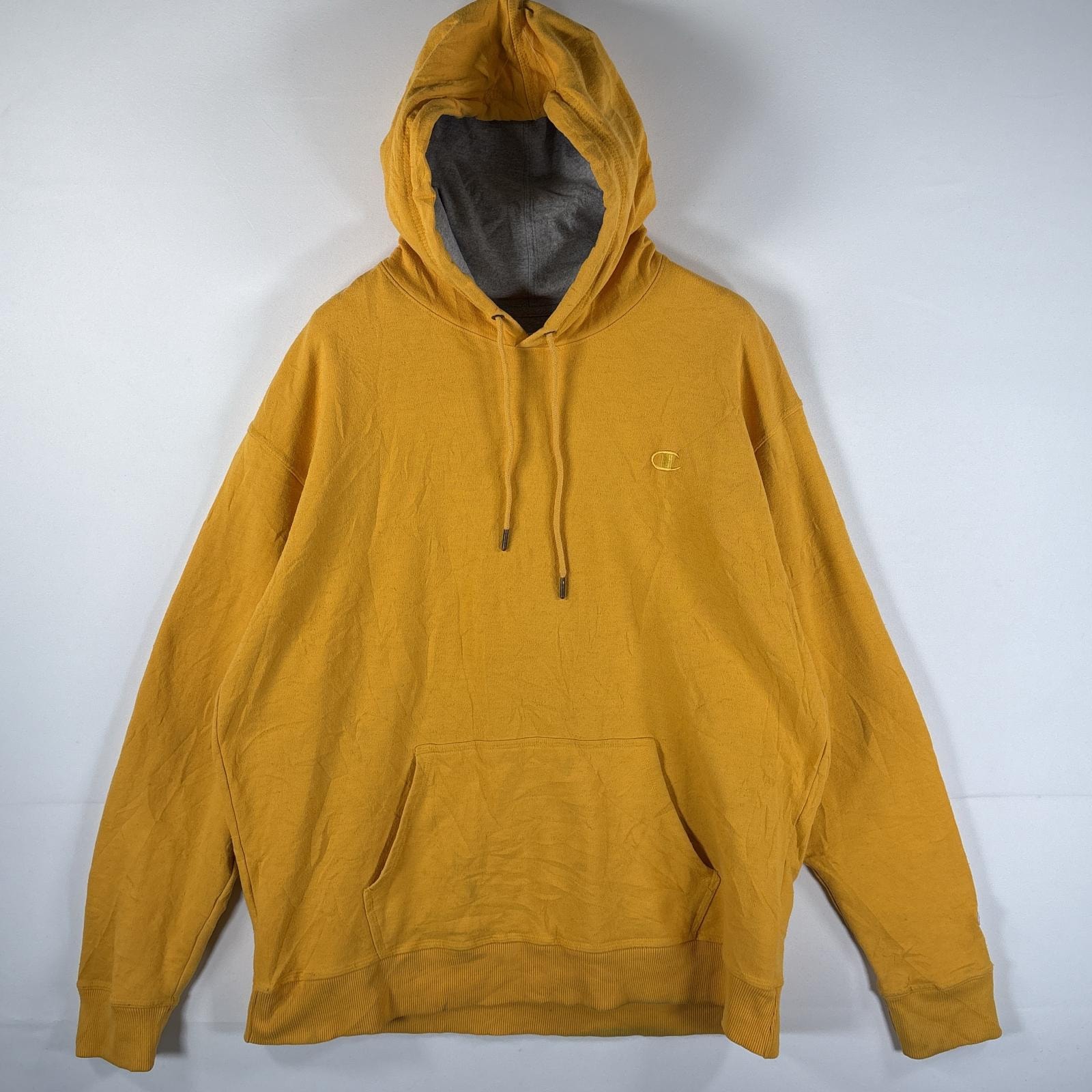 古着 チャンピオン Champion パーカー 大きいサイズ ワンポイントロゴ刺繍 ロゴワッペン マフポケット フーディー XL  イエロー メンズ