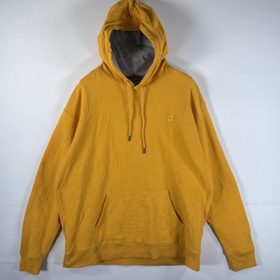 古着 チャンピオン Champion パーカー 大きいサイズ ワンポイントロゴ刺繍 ロゴワッペン マフポケット フーディー XL イエロー メンズ