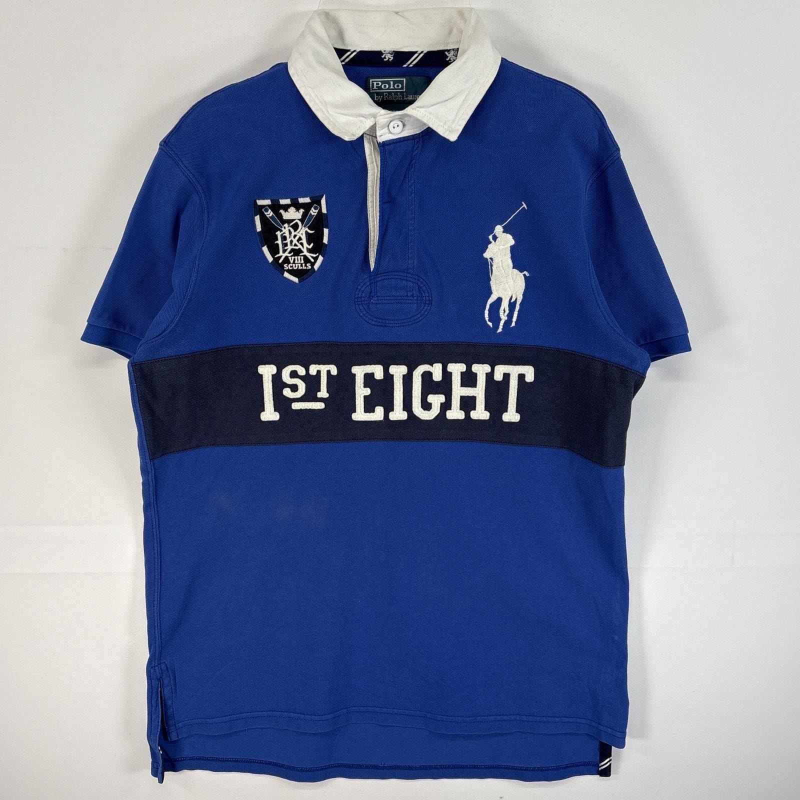 古着 ポロバイラルフローレン Polo by Ralph Lauren 鹿の子 半袖 ラガーシャツ ラバーボタン ビッグポニー ワッペン M  ブルー系 ツートン メンズ