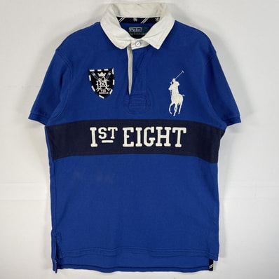 古着 ポロバイラルフローレン Polo by Ralph Lauren 鹿の子 半袖 ラガーシャツ ラバーボタン ビッグポニー ワッペン M ブルー系 ツートン メンズ