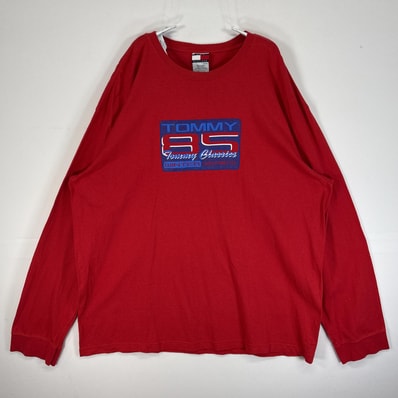 古着 トミーヒルフィガー TOMMY HILFIGER 長袖Tシャツ 大きいサイズ ラバープリント ロゴ WINTER SERIES 14041 レッド メンズ