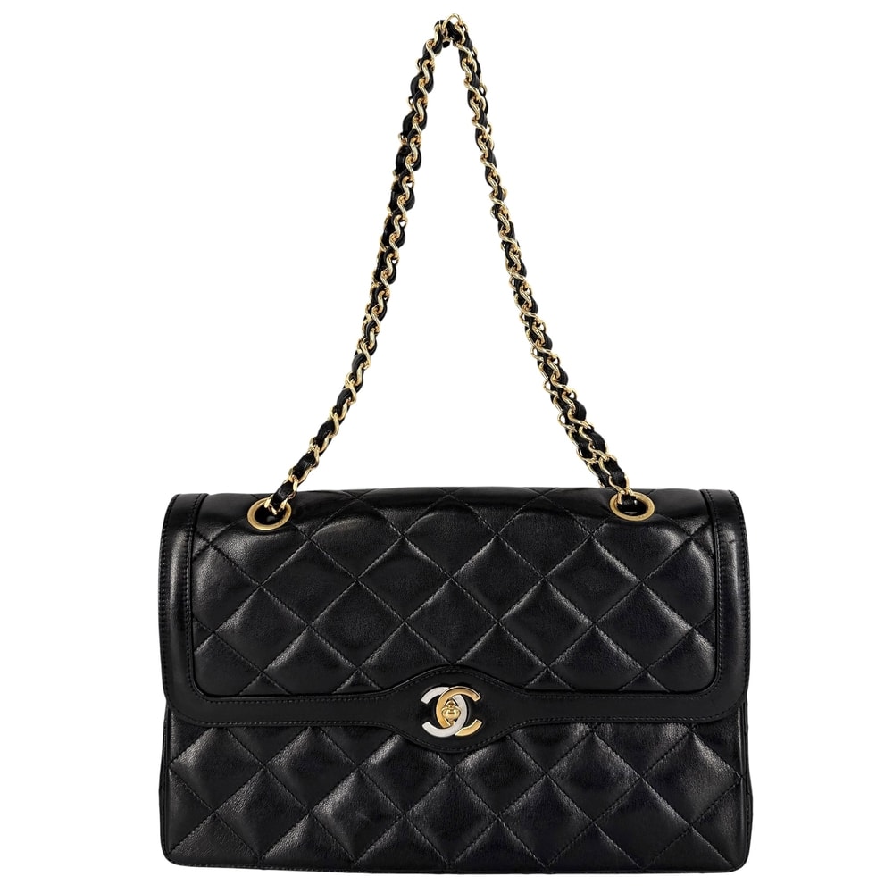 CHANEL シャネル ショルダーバッグ パリ限定マトラッセ ダブルフラップ ダブルチェーン 肩掛け ラムスキン ブラック 黒 ゴールド×シルバー金具 レディース【中古品】