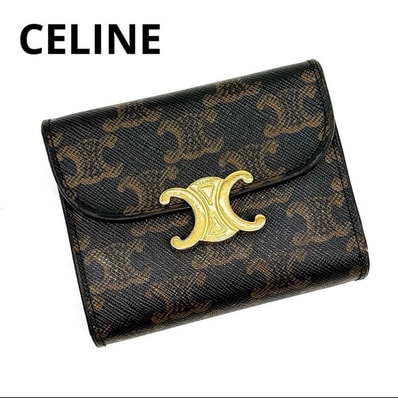 美品 セリーヌ CELINE トリオンフ スモールフラップウォレット 三つ折り財布 キャンバス タン 10D78 正規品 ミニ財布 コンパクトウォレット ブラウン ゴールド金具 カーフスキン 10D782CQH.04LU メンズ レディース ギフト プレゼント