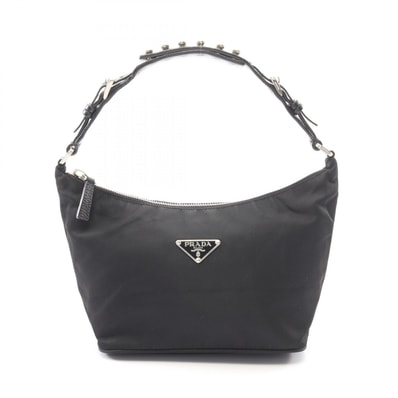 プラダ PRADA トライアングルロゴ アクセサリーポーチ ハンドバッグ バッグ ナイロン レザー レディース ブラック系 【中古】