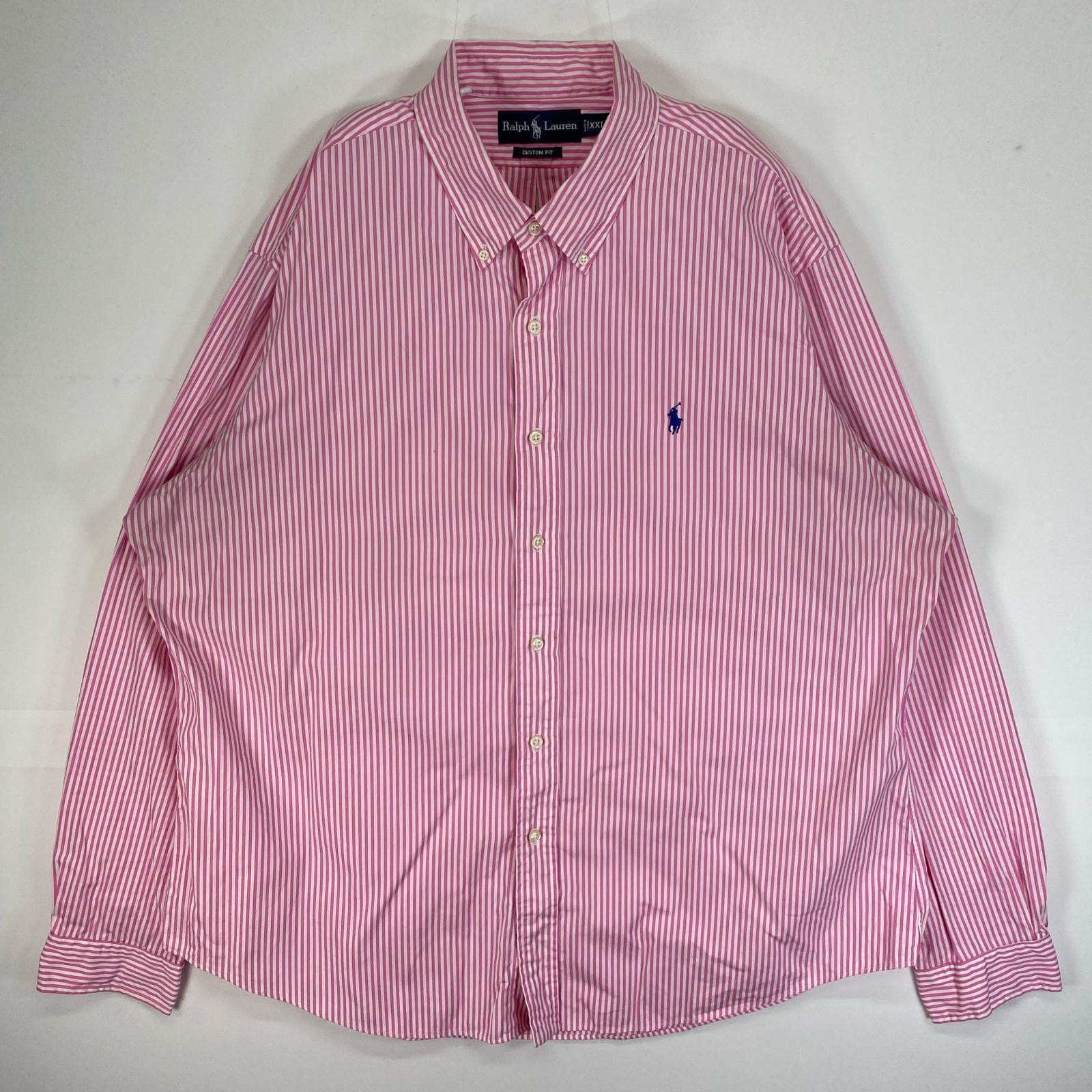 古着 ラルフローレン RALPH LAUREN 長袖シャツ ロゴ刺繍 大きいサイズ ボタンダウン 14041 ピンク ストライプ メンズ