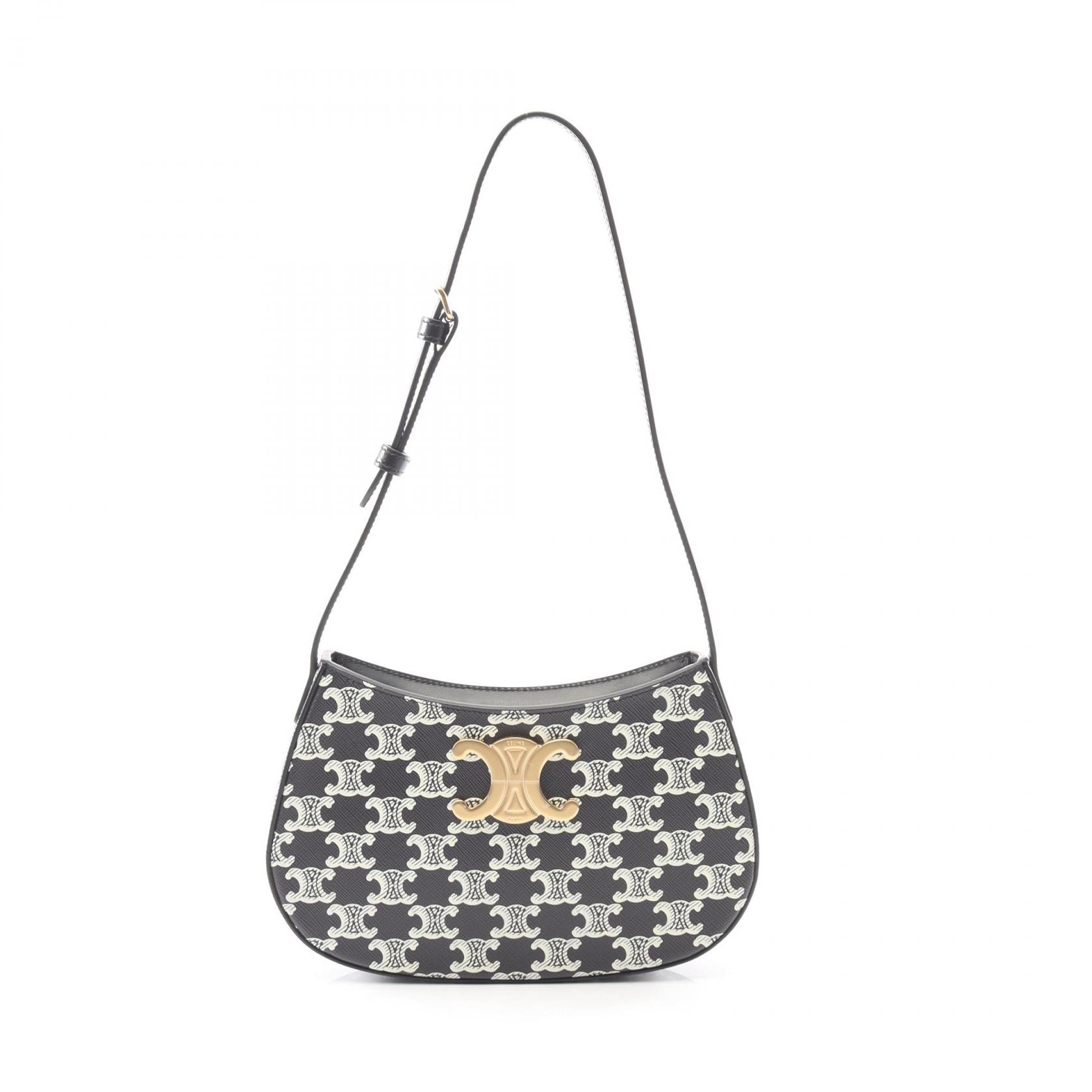 セリーヌ CELINE MEDIUM TILLY ミディアム ティリー トリオンフ ショルダーバッグ バッグ PVCコーティングキャンバス レザー レディース ブラック系 / ホワイト系 115702FQN 【中古】