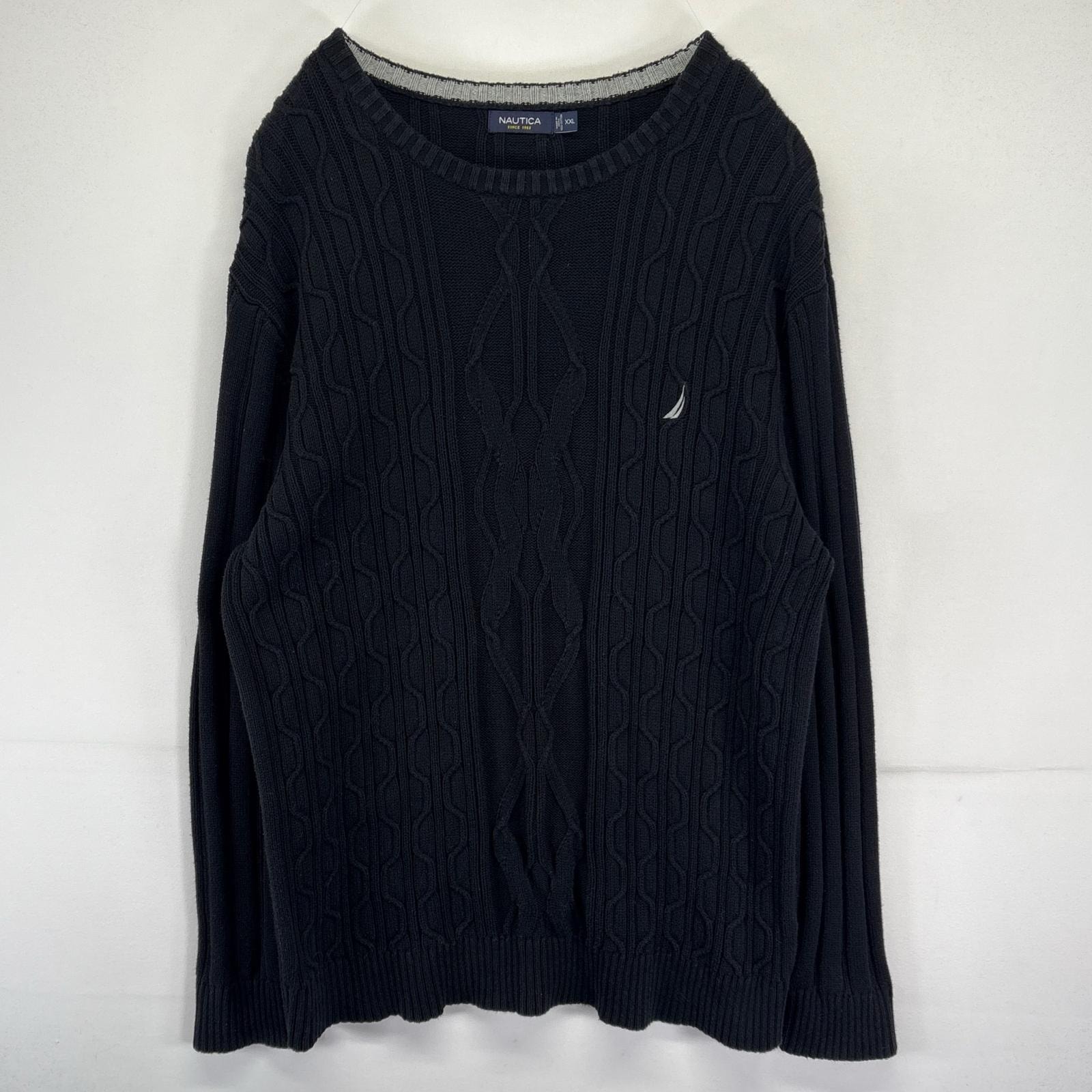 古着 ノーティカ NAUTICA ニット ケーブルニット ワンポイントロゴ クルーネック セーター 大きいサイズ 2XL  ブラック メンズ