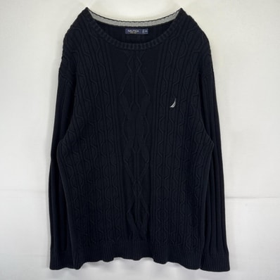 古着 ノーティカ NAUTICA ニット ケーブルニット ワンポイントロゴ クルーネック セーター 大きいサイズ 2XL ブラック メンズ