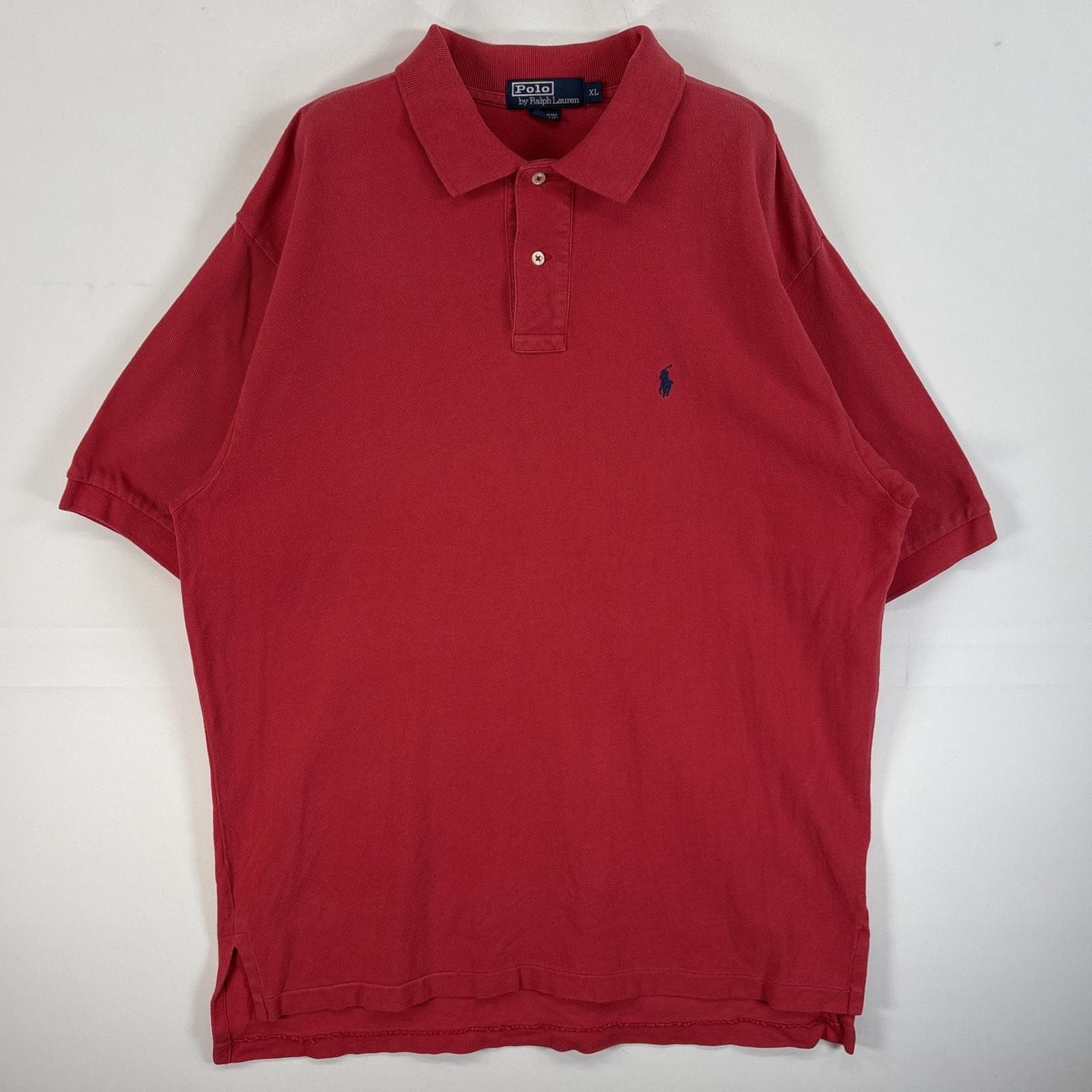 古着 90's/90年代 ポロバイラルフローレン Polo by Ralph Lauren 鹿の子 半袖 ポロシャツ ロゴ 刺繍 大きいサイズ 2ボタン XL  レッド 無地 メンズ