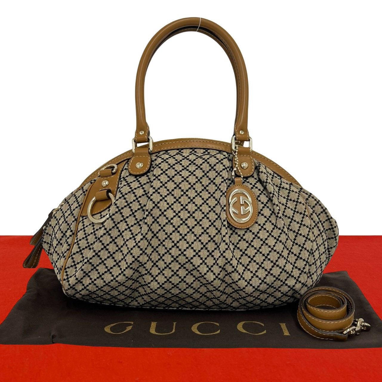 GUCCI グッチ スーキー ディアマンテ キャンバス レザー ショルダーバッグ ベージュ
 826-7