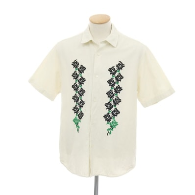 【中古】シュプリーム Supreme 2023年春夏 NEEDLEPOINT S/S SHIRT コットン 半袖シャツ アイボリーxグリーン【サイズS】【メンズ】