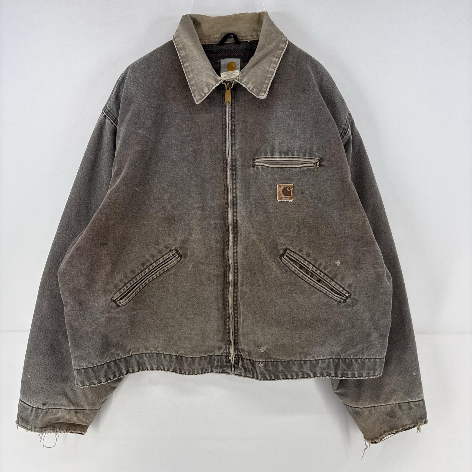 古着 カーハート Carhartt USA製 ダック ジャケット フルジップ デトロイト ワンポイント フェード ダメージ 2XL ブラウン系 メンズ