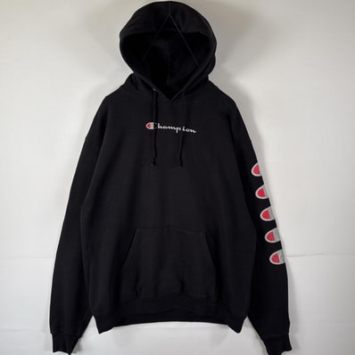 古着 チャンピオン Champion パーカー プルオーバー スウェット フーディ スリーブロゴ プリントデザイン L ブラック メンズ