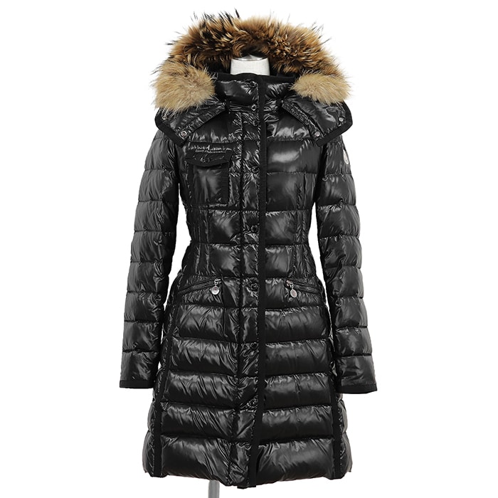 【美品】MONCLER モンクレール ダウンコート サイズ 00 レディース HERMIFUR エルミファー シャイニーナイロン ファーフード ロゴ ワッペン アウター ブラック 黒 ハンガリー製