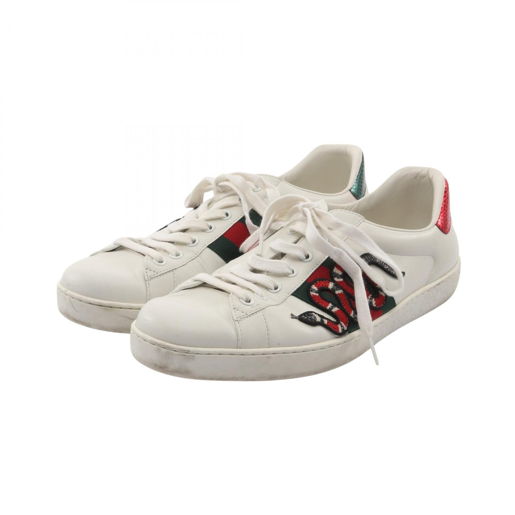 グッチ GUCCI エンブロイダリー シェリーライン スニーカー 靴 レザー メンズ ホワイト系 / グリーン系 / レッド系 【中古】