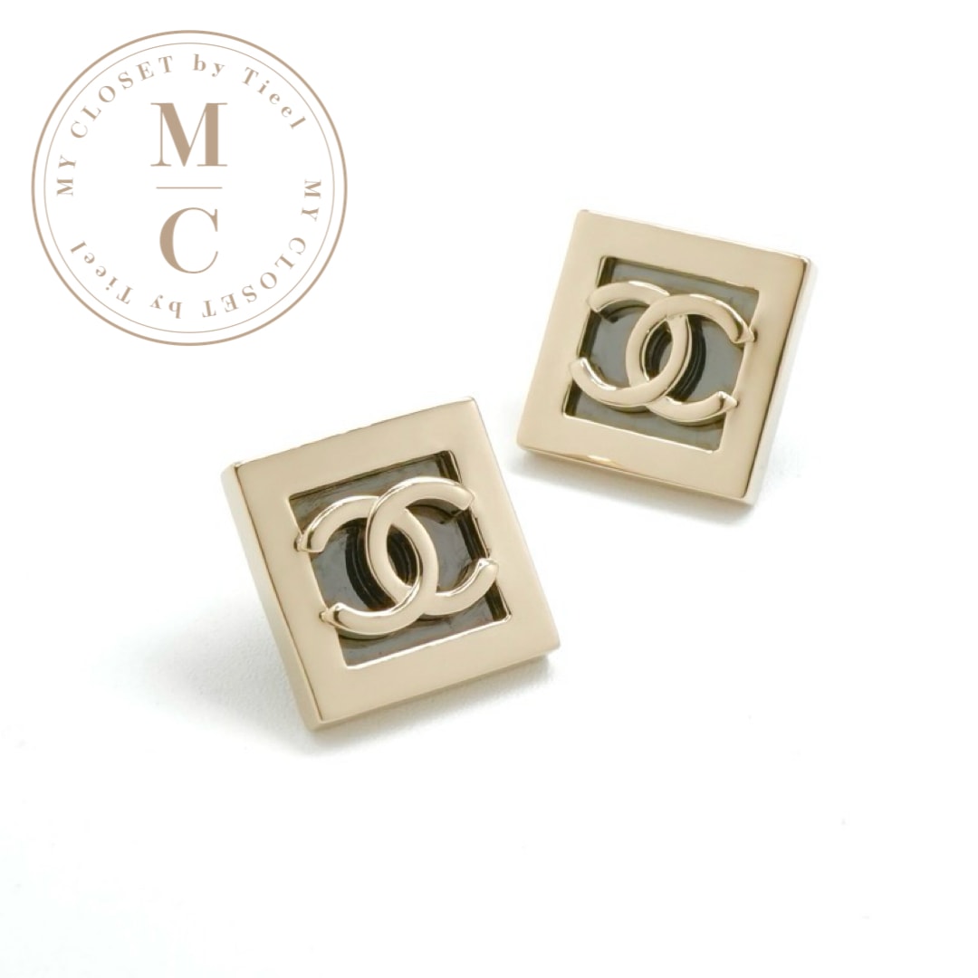 シャネル CHANEL ピアス イヤリング ゴールド ダークグレー ココマーク スクエア