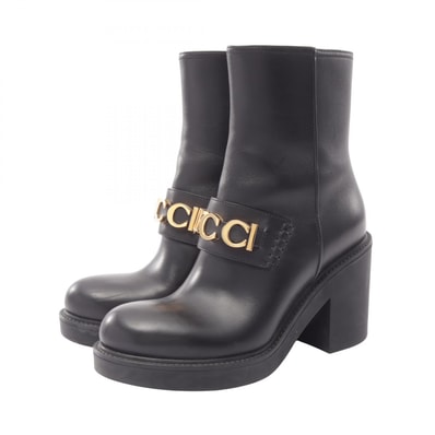 グッチ GUCCI ロゴ ショート ブーツ 靴 レザー レディース ブラック系 【中古】
