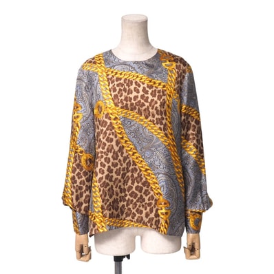 OLD CELINE オールドセリーヌ ヴィンテージ ブラウス サイズ38 総シルク スカーフ柄 ペイズリー チェーン レオパード 総柄 マカダムボタン 長袖 シャツ ブランド古着【中古】20251010/RA6266