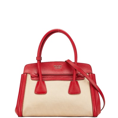 プラダ サフィアーノ カナパ ハンドバッグ ショルダーバッグ 2WAY BN2595 ベージュ レッド キャンバス レザー レディース PRADA 中古
