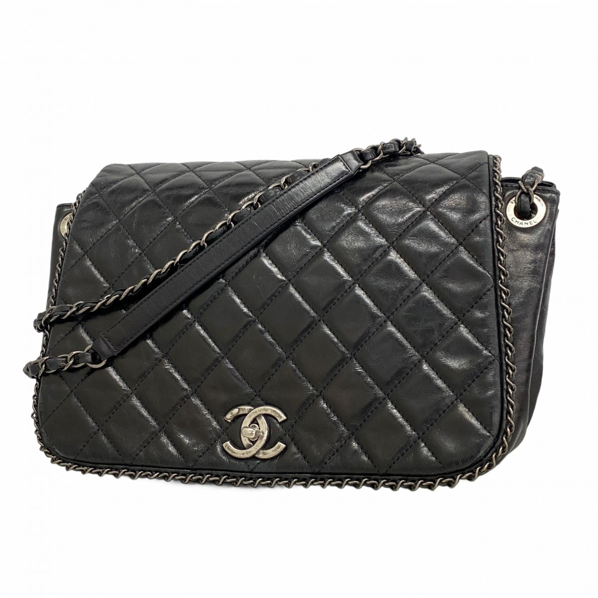 【6cd5867-k】シャネル ショルダーバッグ マトラッセ Wチェーン カーフスキン ブラック シルバー金具【中古】レディース
