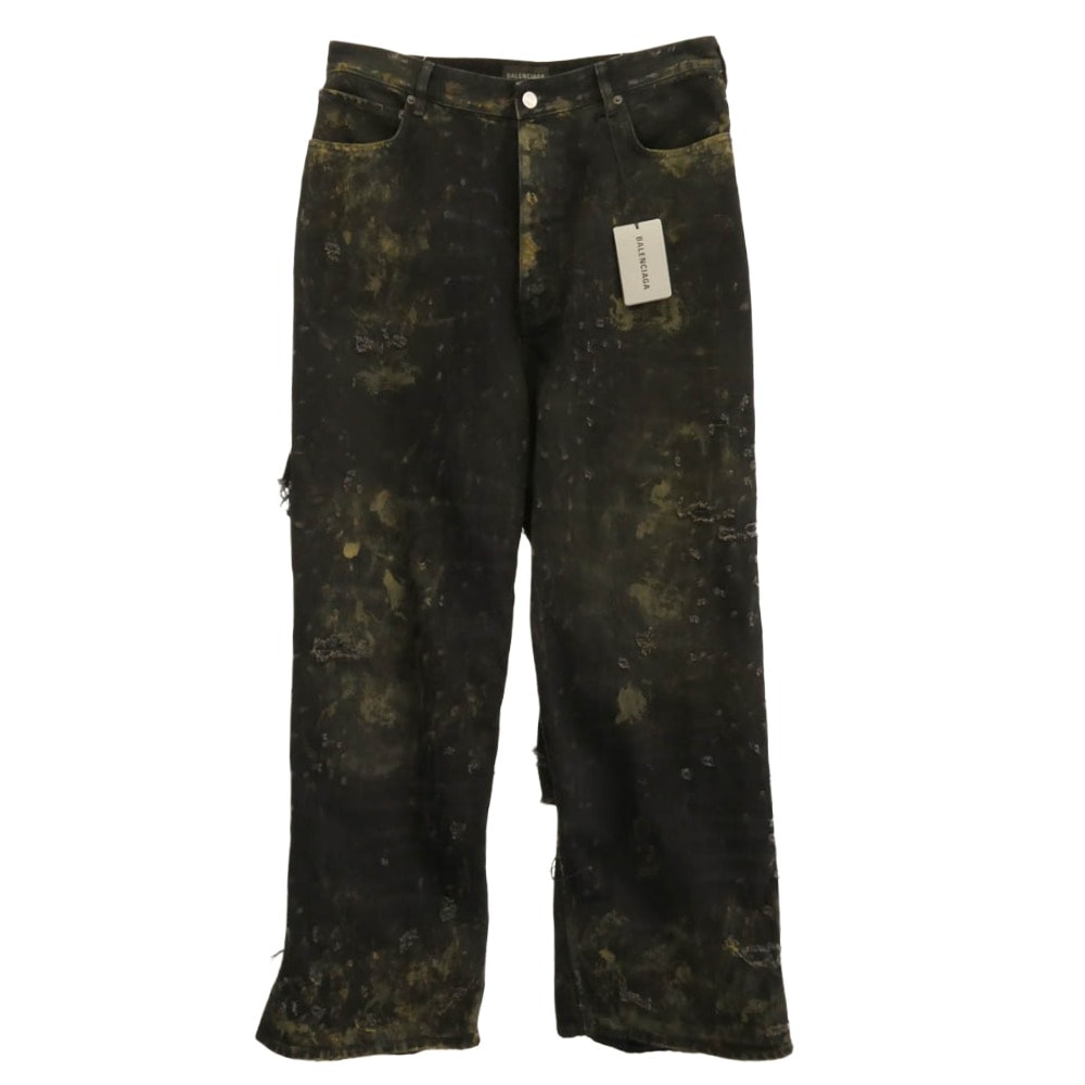 BALENCIAGA バレンシアガ デニムパンツ 23SS 745248 TBP47 SUPER DESTROYED BAGGY スーパー デストロイ ダメージ ラージフィット バギー デニム パンツ ブラック系 カーキ系 L【極上美品】【中古】
