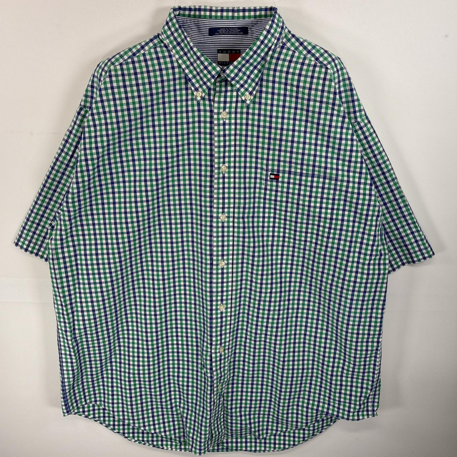古着 90's/90年代 トミーヒルフィガー TOMMY HILFIGER 半袖シャツ ボタンダウンシャツ ワンポイント ロゴ 刺繍 胸ポケ 14041 グリーン系 チェック メンズ