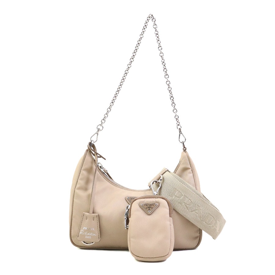 プラダ PRADA ショルダーバッグ 2-Way Bag Re-Edition 2005 ナイロン ベージュ シルバー レディース【中古】 e61982a
