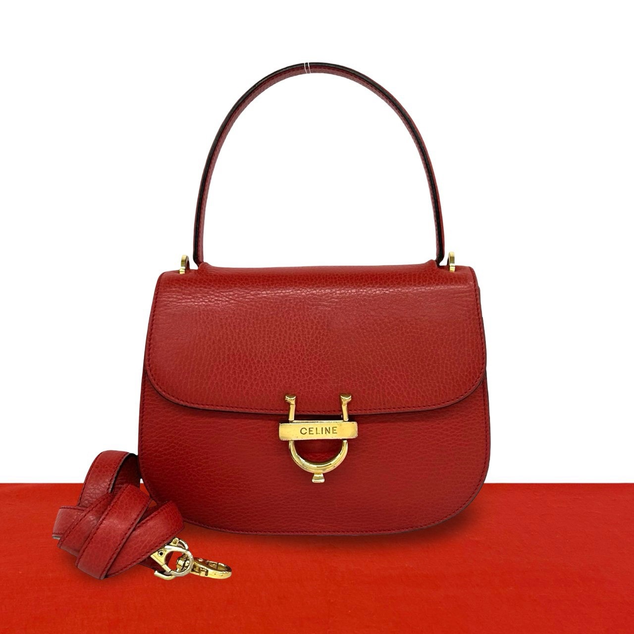 CELINE セリーヌ ホースシュー ロゴ 金具 レザー ショルダーバッグ レッド
78-10