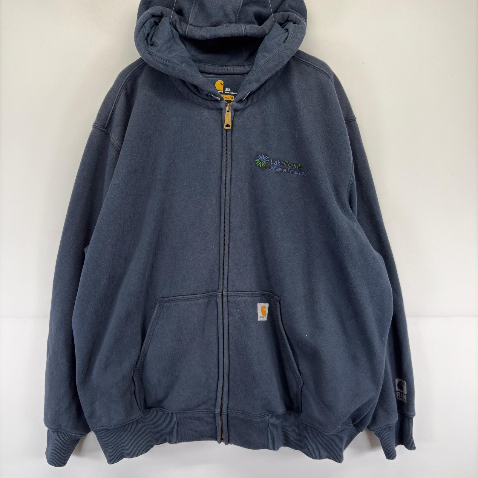 古着 カーハート Carhartt パーカー フルジップ 大きいサイズ ワンポイントロゴ スウェット 2XL  ネイビー メンズ