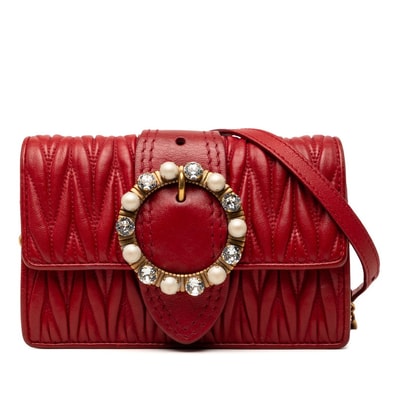 ミュウミュウ マテラッセ 斜め掛け チェーン ショルダーバッグ レッド レザー ビジュー レディース MIUMIU 【中古】