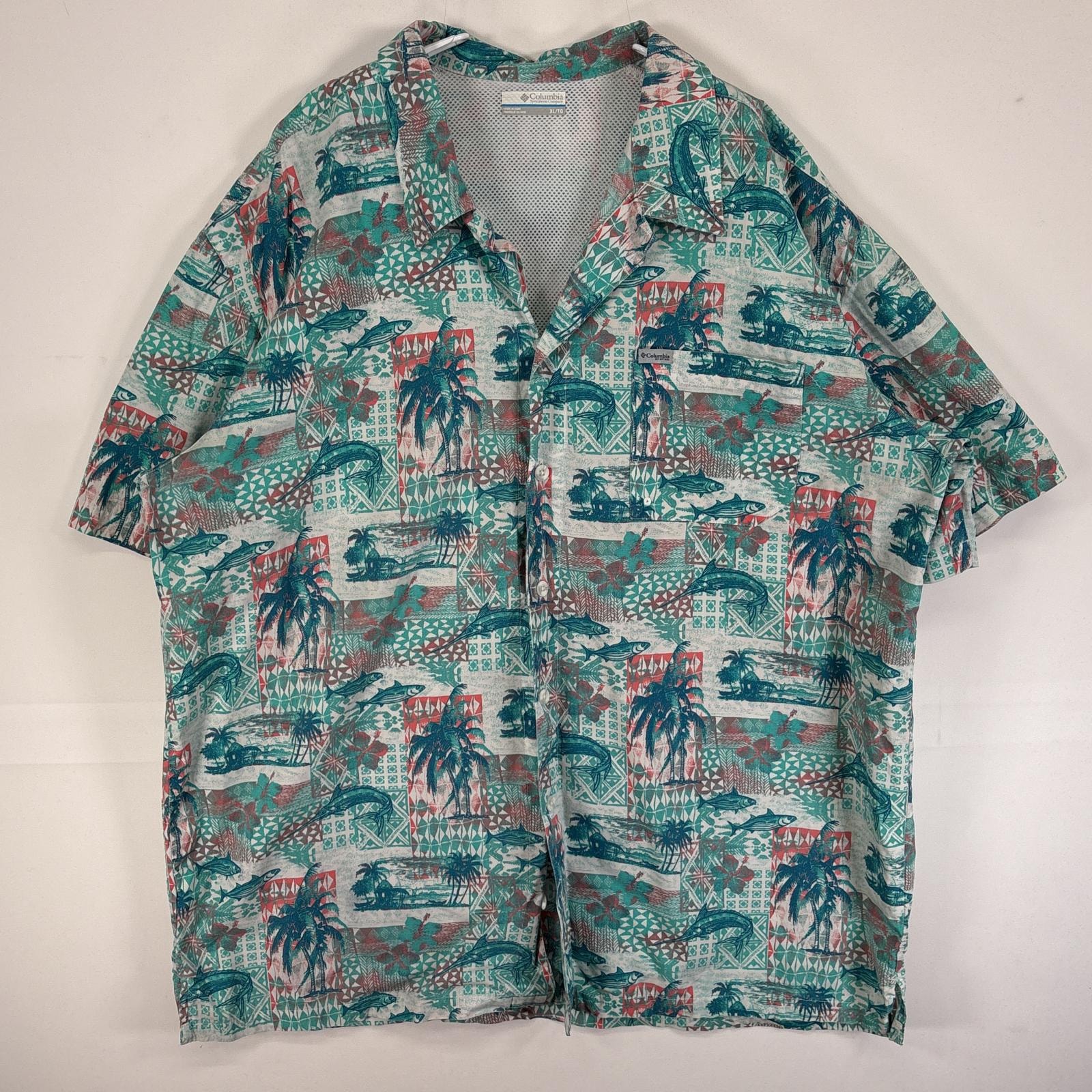 古着 コロンビア Columbia 半袖シャツ PFG フィッシング フィッシュパターン 大きいサイズ XL 水色 総柄 メンズ