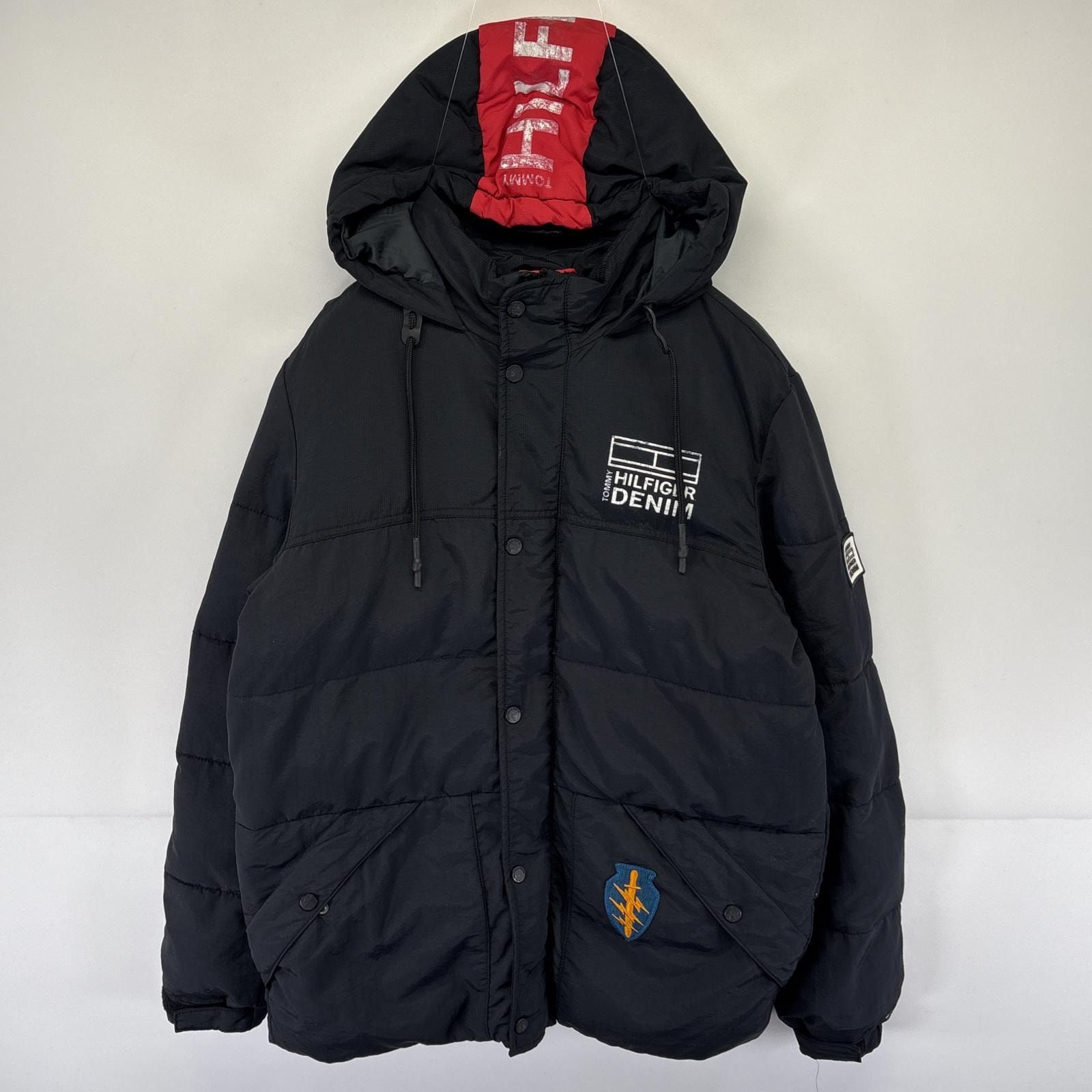 古着 トミーヒルフィガー TOMMY HILFIGER ジャケット キルティング 中綿 ドローコード ワッペン フード フルジップ  ブラック メンズ